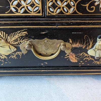 1950s Vintage Chinese Black Lacquer Jewelry Armoire Chest
