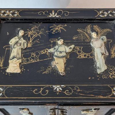 1950s Vintage Chinese Black Lacquer Jewelry Armoire Chest