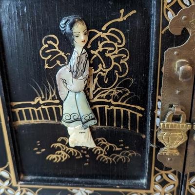 1950s Vintage Chinese Black Lacquer Jewelry Armoire Chest