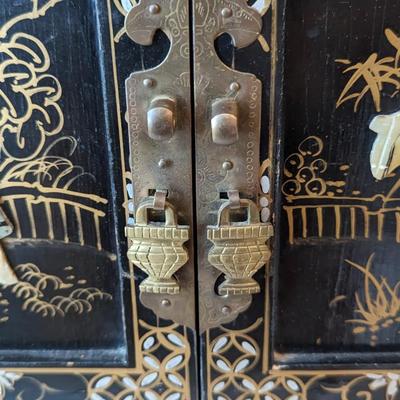 1950s Vintage Chinese Black Lacquer Jewelry Armoire Chest