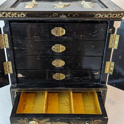 1950s Vintage Chinese Black Lacquer Jewelry Armoire Chest