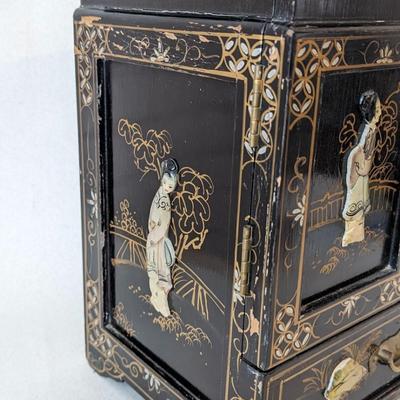 1950s Vintage Chinese Black Lacquer Jewelry Armoire Chest
