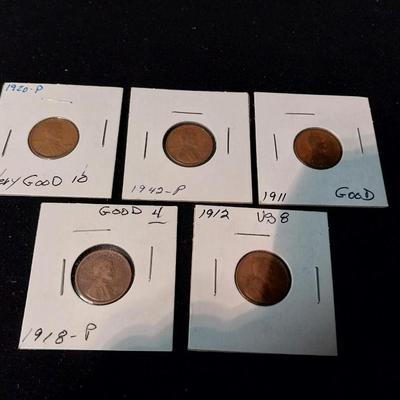 5 OLD WHEAT PENNIES