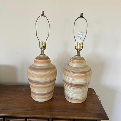 Pair of Mid-Century Modern Striped Pottery Table Lamps (P-RG)