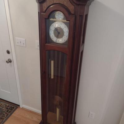 Vintage Ethan Allen Wood Case Grandfather Clock Brass Weights and Pendulum in Working Condition