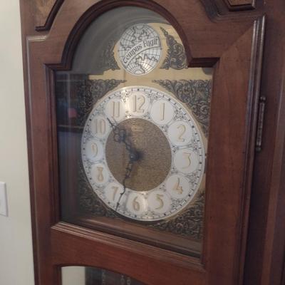 Vintage Ethan Allen Wood Case Grandfather Clock Brass Weights and Pendulum in Working Condition
