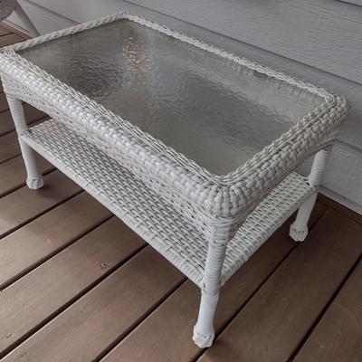 White Wicker Weave Outdoor Patio Glass Top Side Table