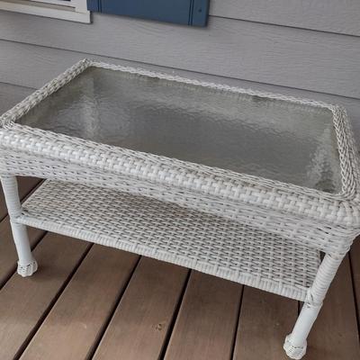 White Wicker Weave Outdoor Patio Glass Top Side Table