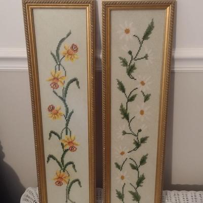 Pair of Vintage Framed Needlework Wall Decor