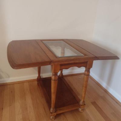 Solid Wood Drop Leaf Side Table with Glass Insert