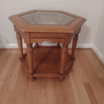 Solid Wood Hexagonal Side/Accent Table with Glass Insert- Approx 24