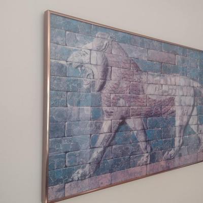 Art Framed Under Glass- Lion on Brick Design- Approx 32