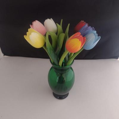Wooden Tulips (Seven Pieces) in Glass Vase- Arrangement is Approx 10 3/4