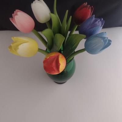 Wooden Tulips (Seven Pieces) in Glass Vase- Arrangement is Approx 10 3/4