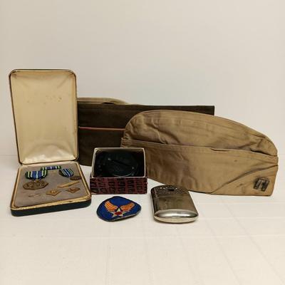 LOT:7: Vintage Militaria Including Garrison Caps, Metals, Patch, Pins and More
