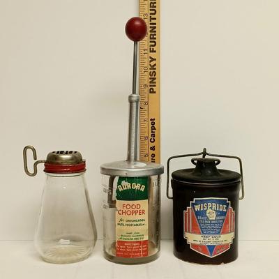 LOT:8: Vintage Vintage Kitchen Collectables Including Tins, Bottles, Crock, Juicer, Chopper Slicer and More