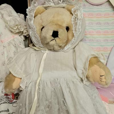 LOT:10: Vintage Baby Doll Collection with 2 Dolls, a Baby Bear, a Doll Highchair with Tray and Vintage Baby Clothing