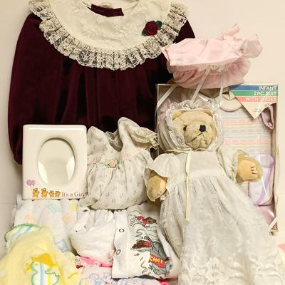 LOT:10: Vintage Baby Doll Collection with 2 Dolls, a Baby Bear, a Doll Highchair with Tray and Vintage Baby Clothing
