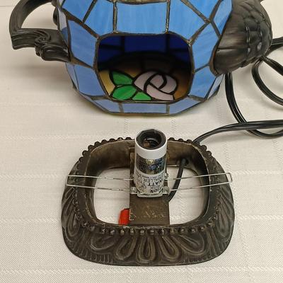 LOT:14: Collection of Stain Glass Art Pieces 2 Lamp Shades, a Teapot and a Panel