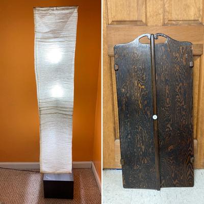 LOT 19: Ikea Style Paper Shade Floor Lamp and Vintage Tiger Wood Wall Cabinet