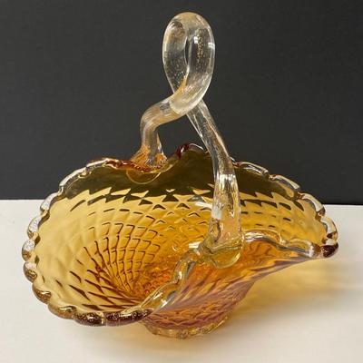 LOT 34: Murano Yellow Glass Basket, Depression Glass Vase and Glass Candlestick Holder