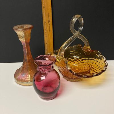 LOT 34: Murano Yellow Glass Basket, Depression Glass Vase and Glass Candlestick Holder