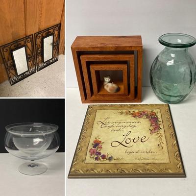 LOT 46: Home Decor Collection - Pair of Mirrors, Vases, Wood Nesting Stands and More