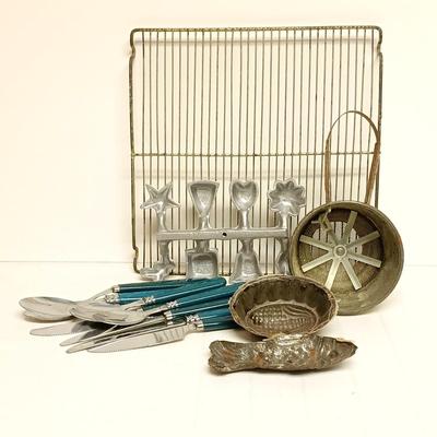 LOT 101B: Vintage Kitchenware- Pudding Mold, Wood-Handled Egg Beater, Tin Corn & Fish Molds and More