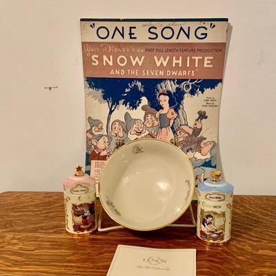 LOT:132: Lenox Walt Disney Spice Jars - Mickey Mouse/Onion, Snow White Cinnamon, Lenox Serenade Bowl and Vintage Sheet Music from Snow White