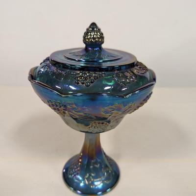 Iridescent Blue "Harvest Grape" Carnival Glass Candy Dish