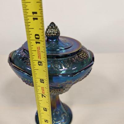 Iridescent Blue "Harvest Grape" Carnival Glass Candy Dish