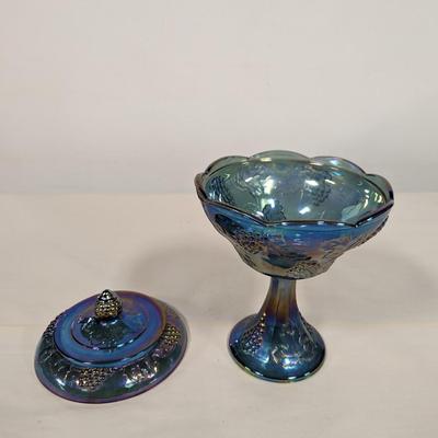 Iridescent Blue "Harvest Grape" Carnival Glass Candy Dish
