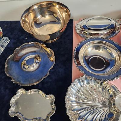 Large Collection of Silver Plate Bowls Trays Creamer Sugar Bowl