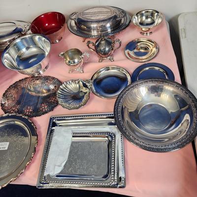 Large Collection of Silver Plate Bowls Trays Creamer Sugar Bowl