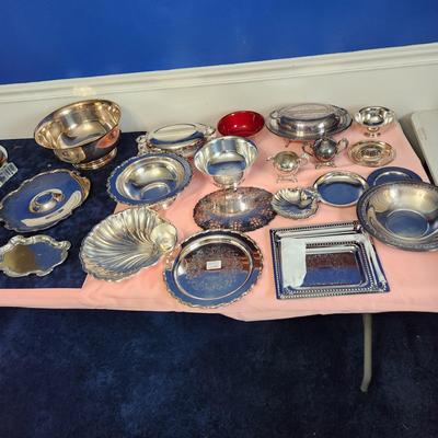 Large Collection of Silver Plate Bowls Trays Creamer Sugar Bowl