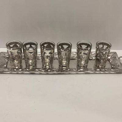MEXICO STERLING SILVER OVERLAY SHOT GLASSES WITH TRAY