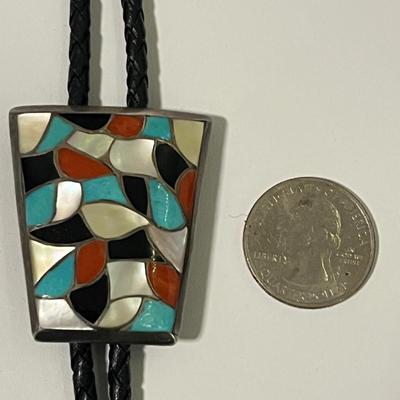 Vintage Zuni â€˜ELBâ€™ Bolo Neck Tie Sterling Turquoise, Coral, Onyx, Mother of Pearl (19)