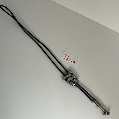 Vintage Zuni â€˜ELBâ€™ Bolo Neck Tie Sterling Turquoise, Coral, Onyx, Mother of Pearl (19)