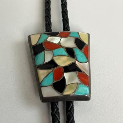 Vintage Zuni â€˜ELBâ€™ Bolo Neck Tie Sterling Turquoise, Coral, Onyx, Mother of Pearl (19)