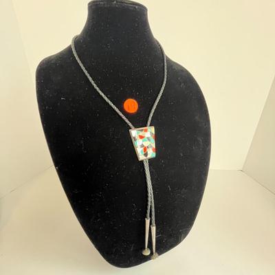 Vintage Zuni â€˜ELBâ€™ Bolo Neck Tie Sterling Turquoise, Coral, Onyx, Mother of Pearl (19)