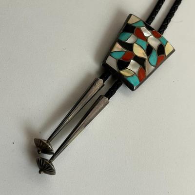 Vintage Zuni â€˜ELBâ€™ Bolo Neck Tie Sterling Turquoise, Coral, Onyx, Mother of Pearl (19)