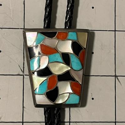 Vintage Zuni â€˜ELBâ€™ Bolo Neck Tie Sterling Turquoise, Coral, Onyx, Mother of Pearl (19)