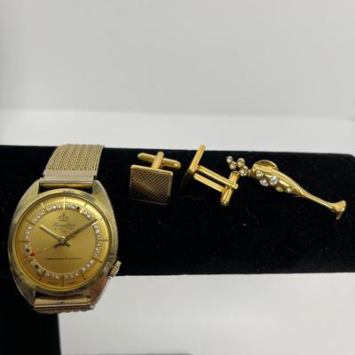 Hormilton Gold Watch, Gold Cufflinks, and Champagne Pin (89)