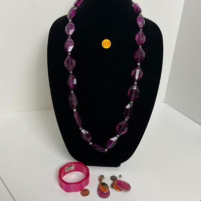 Purple Clear Beaded Statement Necklace, Watch, and Earrings (103)