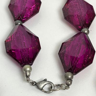 Purple Clear Beaded Statement Necklace, Watch, and Earrings (103)