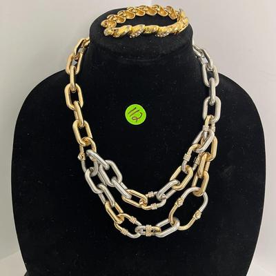 Thick Gold & Silver Chain Statement Necklace & Bracelet (112)