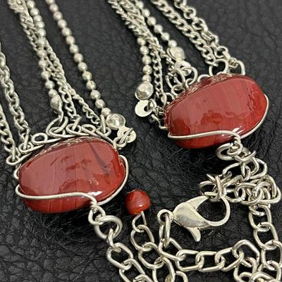 Red & Silver Layered Necklace and Earrings (118)