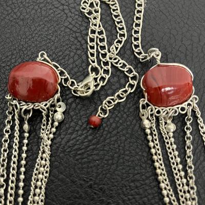 Red & Silver Layered Necklace and Earrings (118)