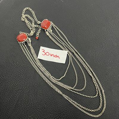 Red & Silver Layered Necklace and Earrings (118)