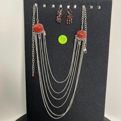Red & Silver Layered Necklace and Earrings (118)